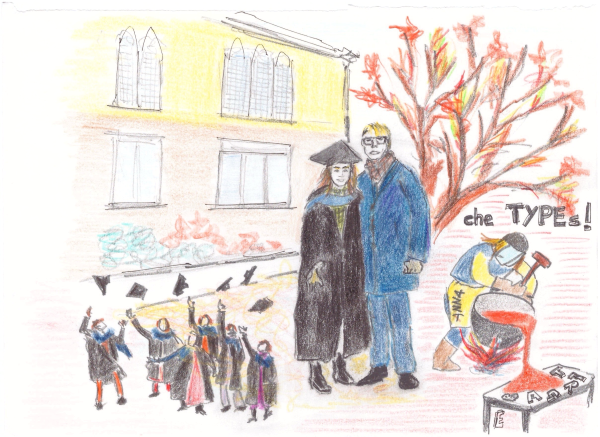 Anna Damoli's father's Santa Lucia illustration, celebrating her graduation with her drawn in a cap and gown, standing in front of a tree. 